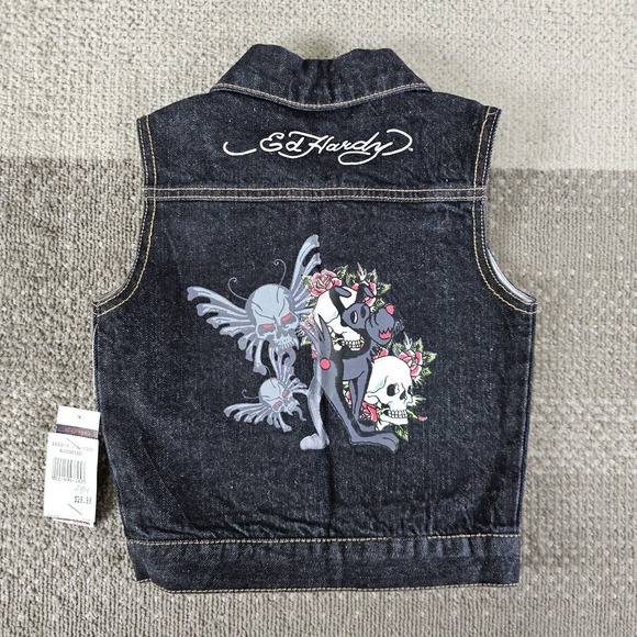Ed Hardy Other - Ed Hardy Grunge Dog Skull Butterfly Black Denim Vest Boys Size 24 Months